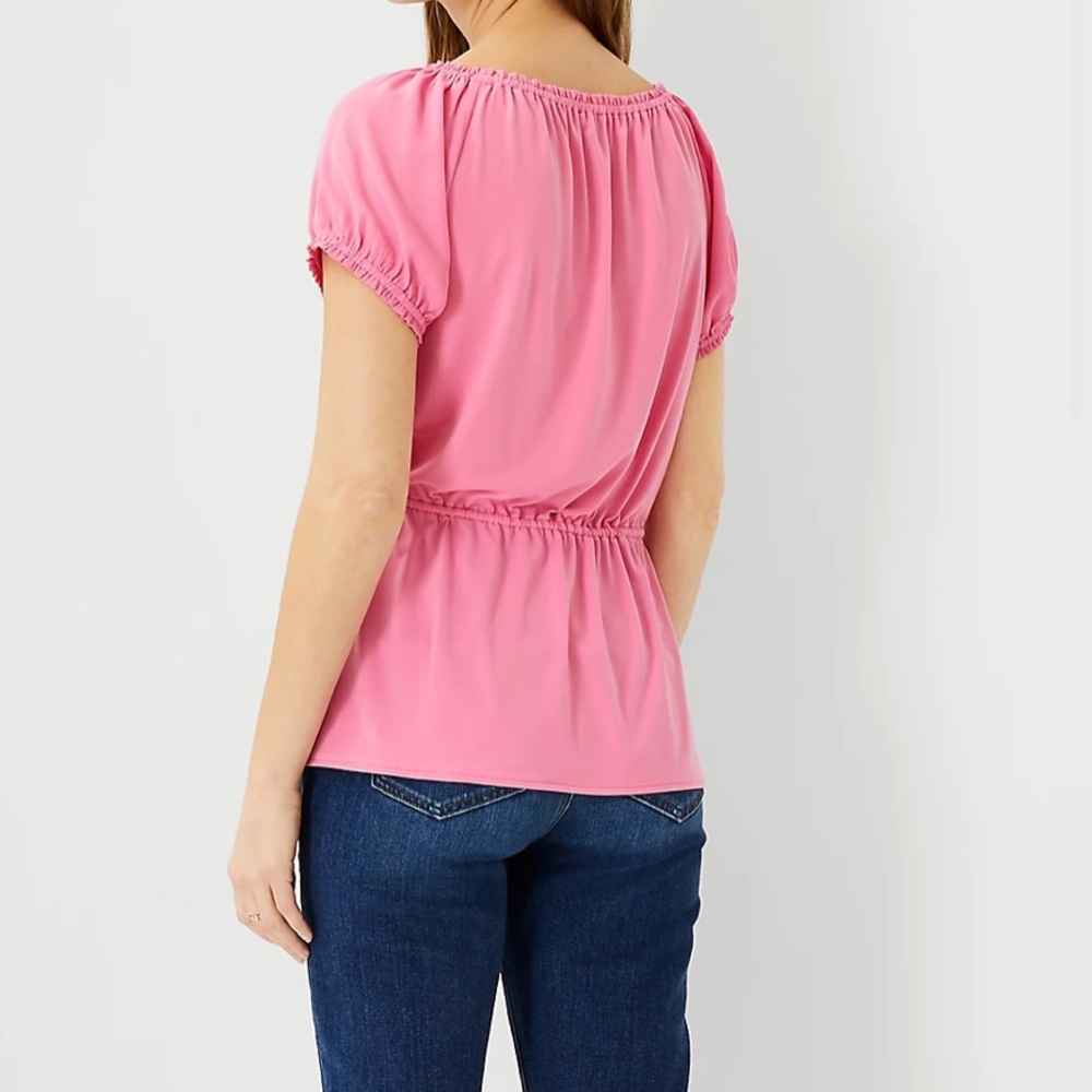 Ann Taylor Petite Mixed Media Tie Waist Top Small Petite - Picture 2 of 11